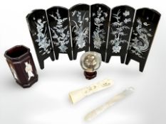A Japanese miniature lacquered screen, height 25 cm together with a similar style pot,