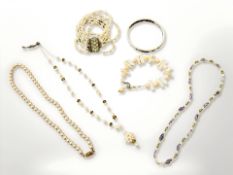 A pearl cuff bracelet together with further pearl and pearl effect jewellery, bracelet,