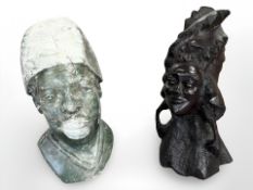 A carved green hard stone bust together with wooden carving similar,