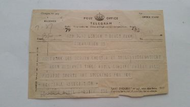 FOOTBALL, wartime telegram to Frank Soo, calling him up to the England squad for a match against