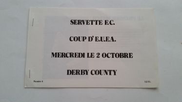 FOOTBALL, Servette v Derby County UEFA Cup match programme, played 2nd October 1974, EX