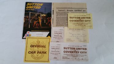 FOOTBALL, Sutton United v Coventry City FAC upset 1988/89, inc. VIP hospitality selection, programme