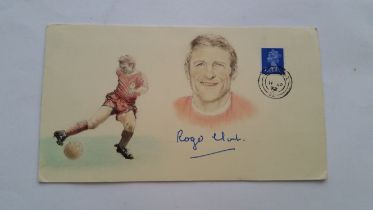 FOOTBALL, Roger Hunt hand signed envelope, envelope shows 2 hand drawn picture of Hunt, dated 11/4/