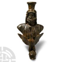 Large Roman Bronze Staff Finial with Bust of Serapis