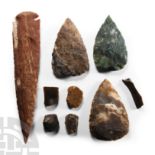 Stone Age Flint Scrapers with Reproduction Axes and Spearheads