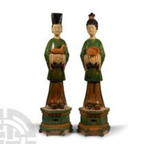 Large Chinese Ming Green Glazed Attendant Pair