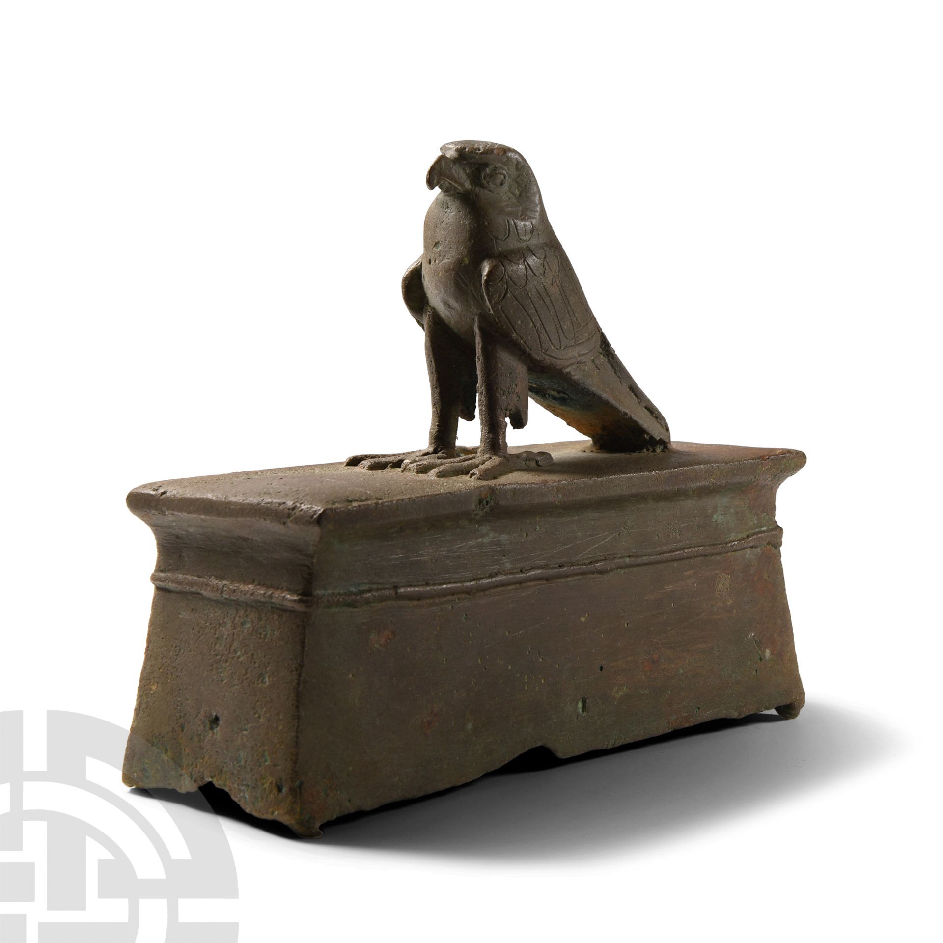 Egyptian Bronze Horus Falcon on Shrine-Shaped Base