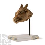 Western Asiatic Marble Ibex Head with Painted Eyes and Remains of Original Pigment