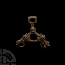Viking Bronze Bridle Strap Junction with Beast Heads