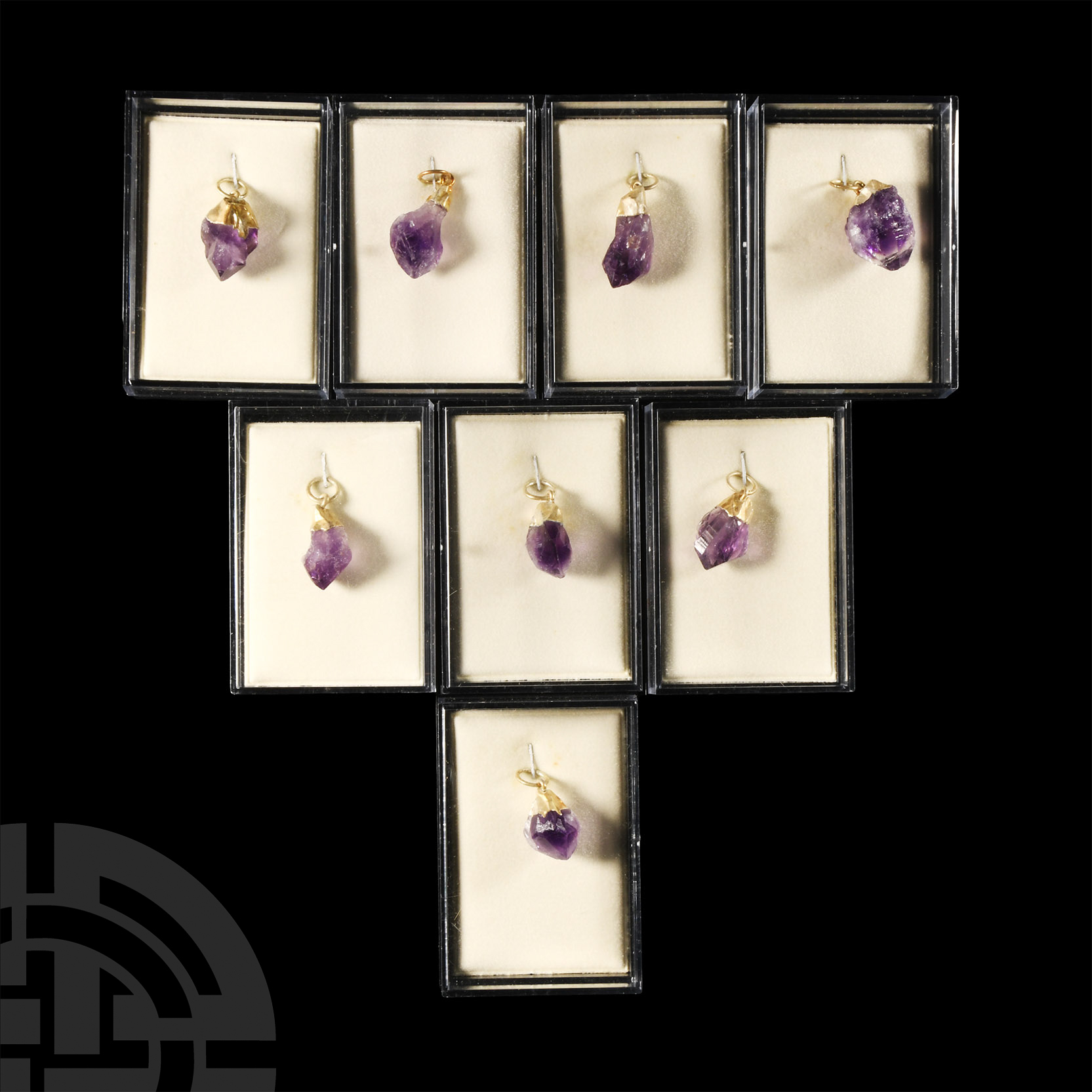 Natural History - Cased Amethyst Crystal Pendant Group [8].