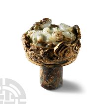 Chinese Han Gilded Bronze Sword Pommel with Jade