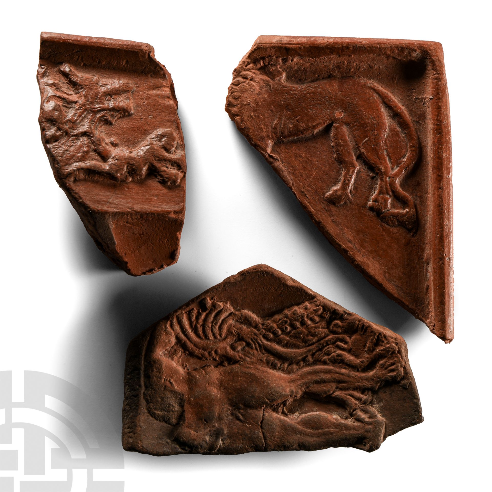 Roman Redware Pottery Fragment Group Including Jonah and the Whale