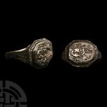 Tudor Period Large Bronze Glove Ring with Heraldic Arms