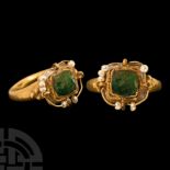 Byzantine or Merovingian Gold Ring with Emerald and Pearls