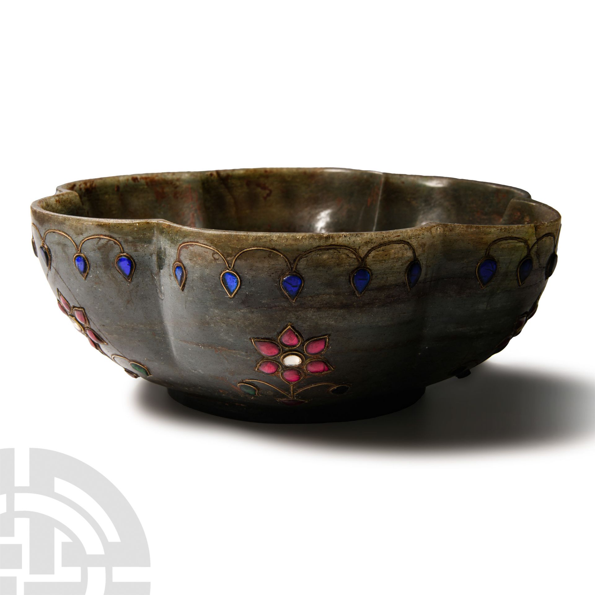 Green Stone Flower Bowl with Rubies