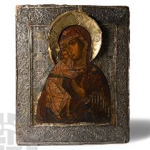 Russian Wooden Icon with Virgin Donskaya with Silver Basma