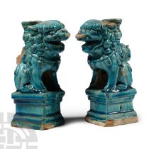 Chinese Ming Glazed Lion Candlestick Pair