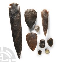 Stone Age Flint Scrapers with Reproduction Axes and Spearheads