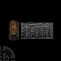 Mesopotamian Black Stone Cylinder Seal with Healing Scene