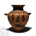 Greek Black Glazed Terracotta Hydria with Figures