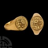 Medieval Gold Signet Ring with 'Indeed' Inscription and Lion