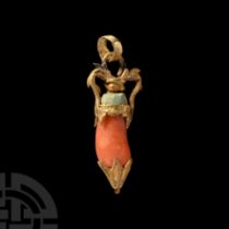 Hellenistic Gold and Coral Pendant with Dolphins