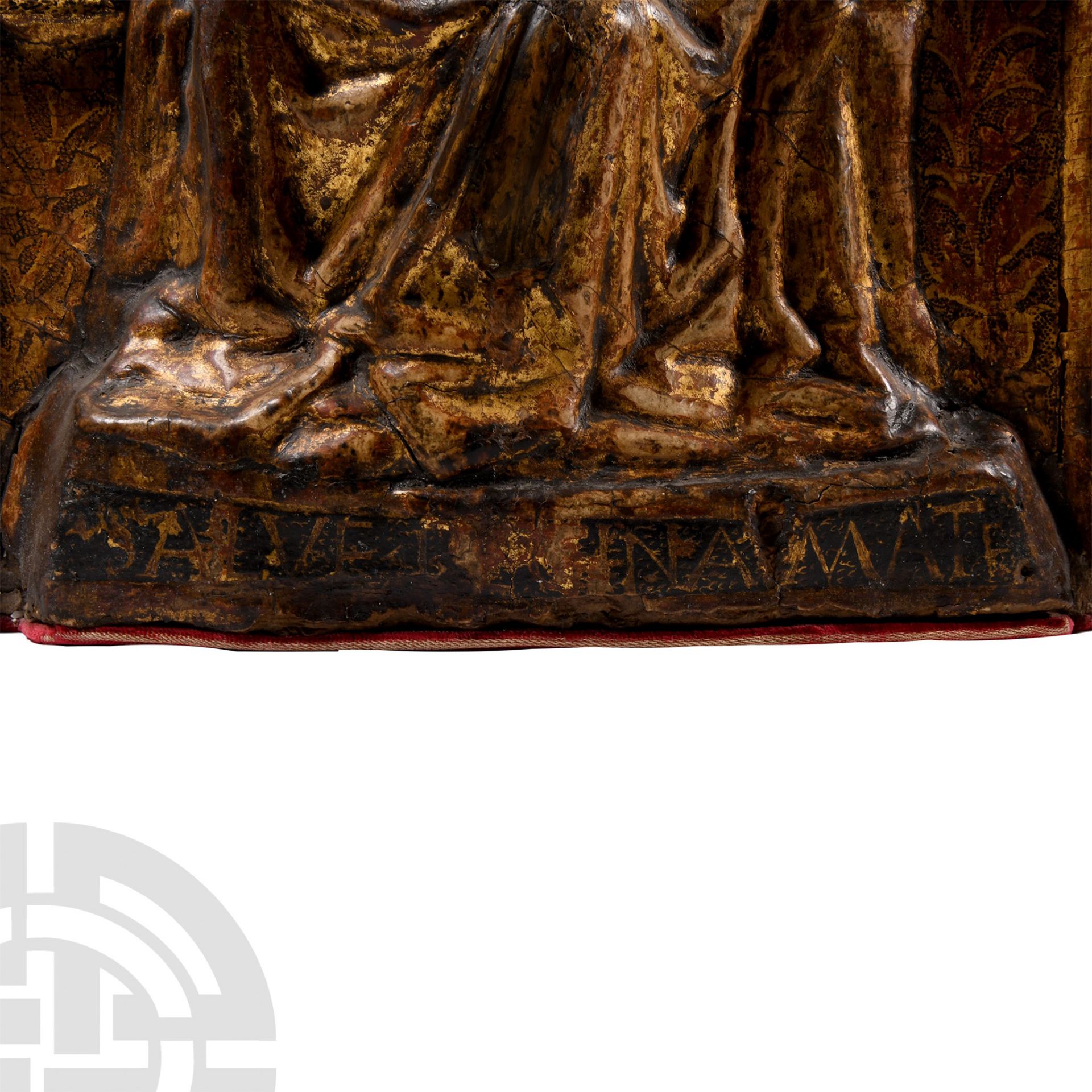Medieval Gilt Wooden Relief with Enthroned Virgin and Child Surrounded by Angels - Image 3 of 4