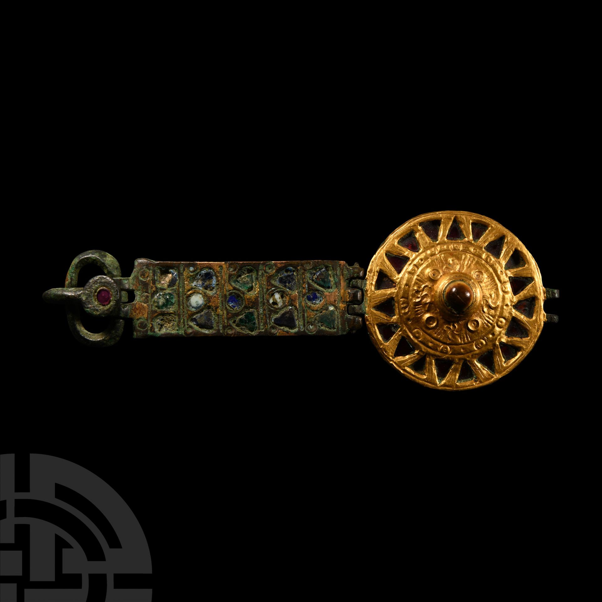 Merovingian Bronze Harness Buckle with Gold and Garnet Inlays