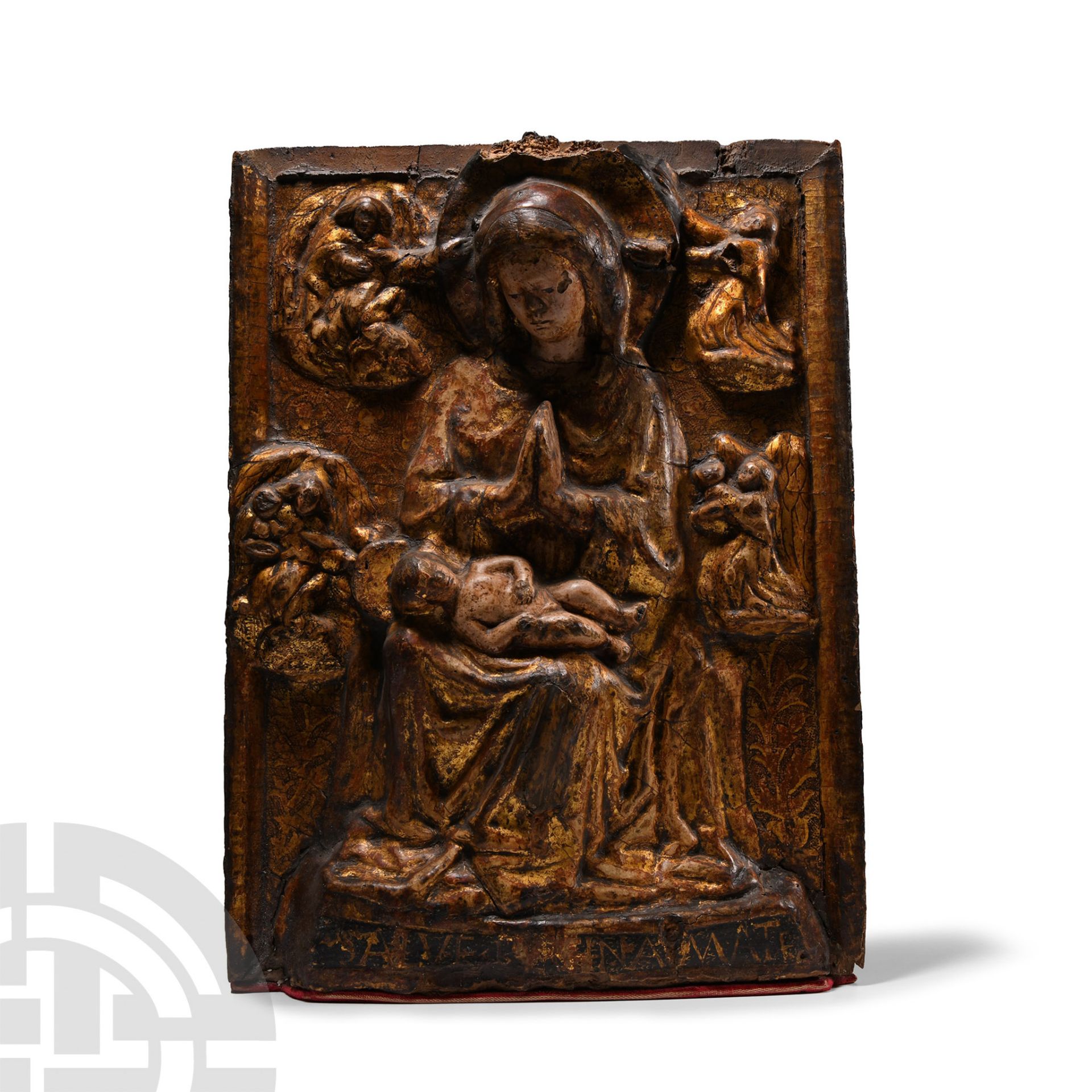 Medieval Gilt Wooden Relief with Enthroned Virgin and Child Surrounded by Angels - Image 4 of 4