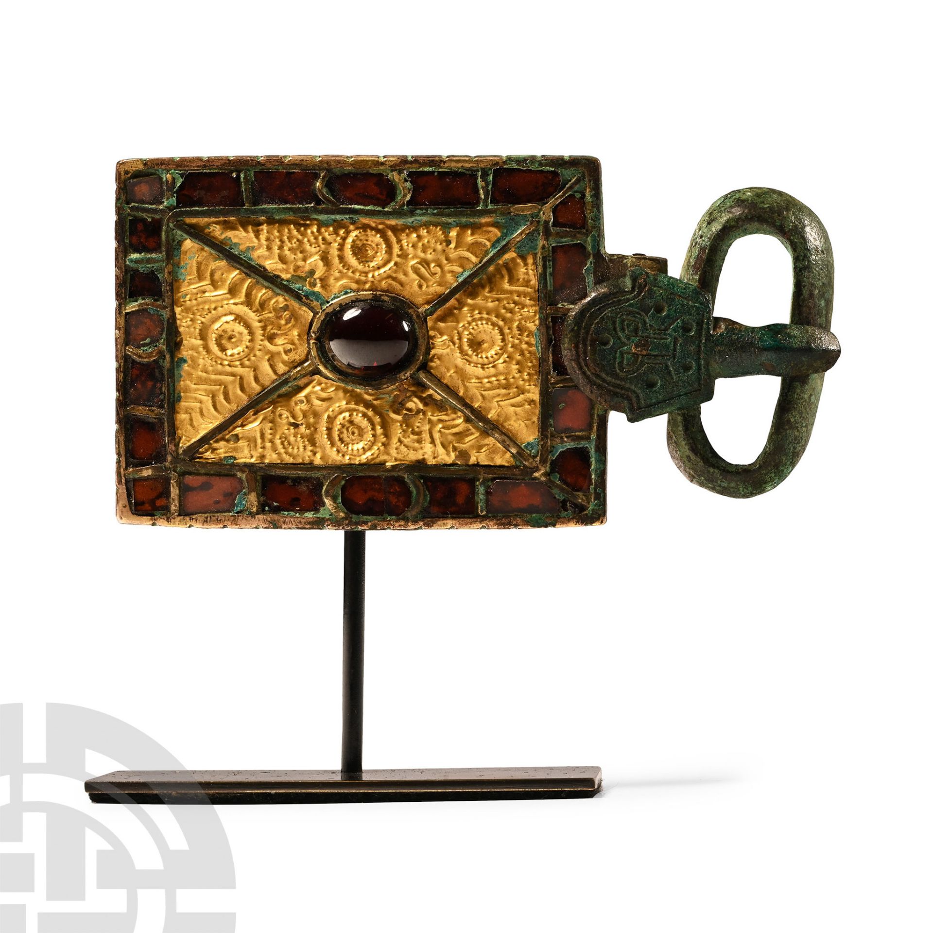 Merovingian Bronze Belt Buckle with Gold and Garnet Inlays - Bild 2 aus 2