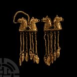 Eastern Greek Gold Horse Earrings with Pendants