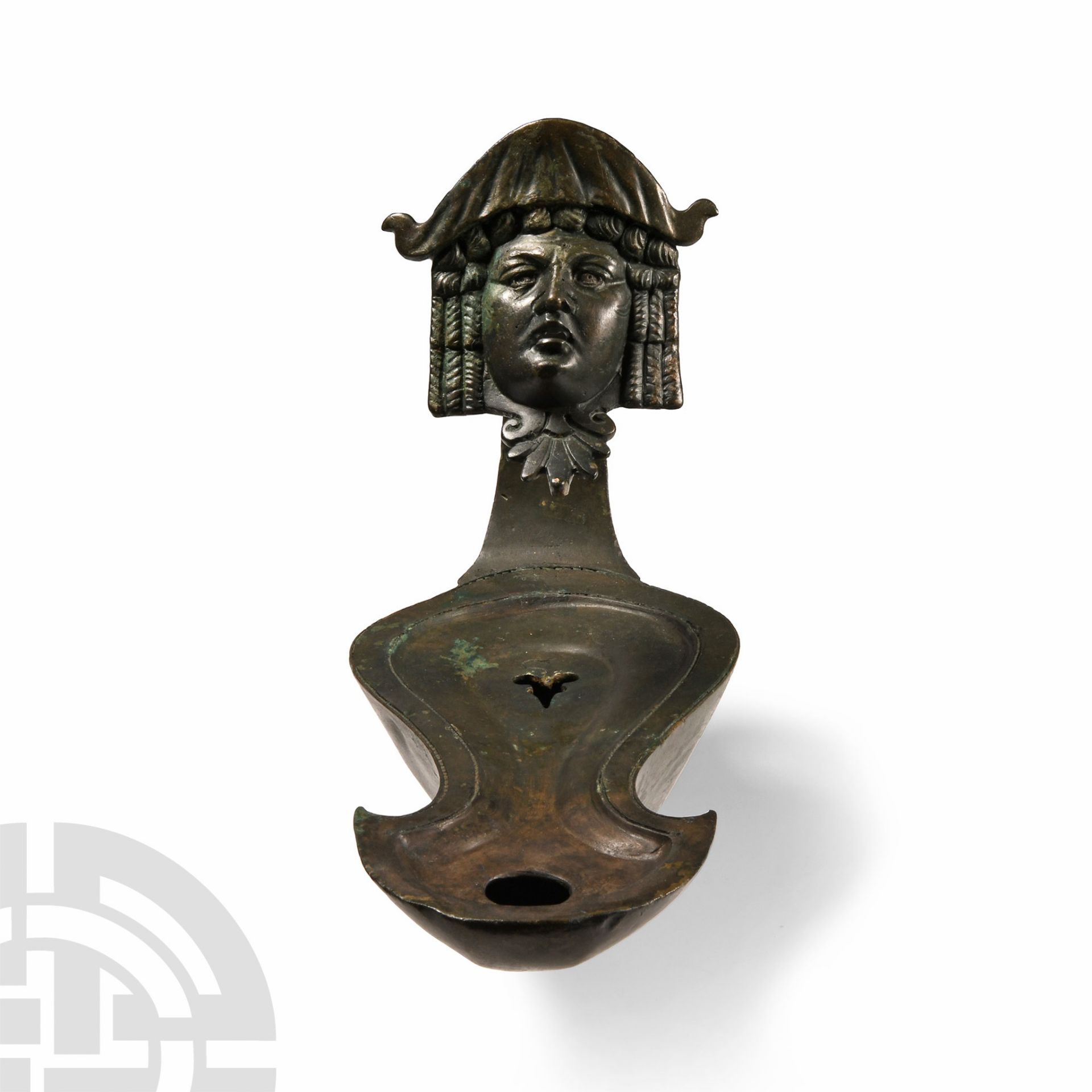 Very Large Roman Bronze Oil Lamp with Actor's Mask - Image 2 of 3