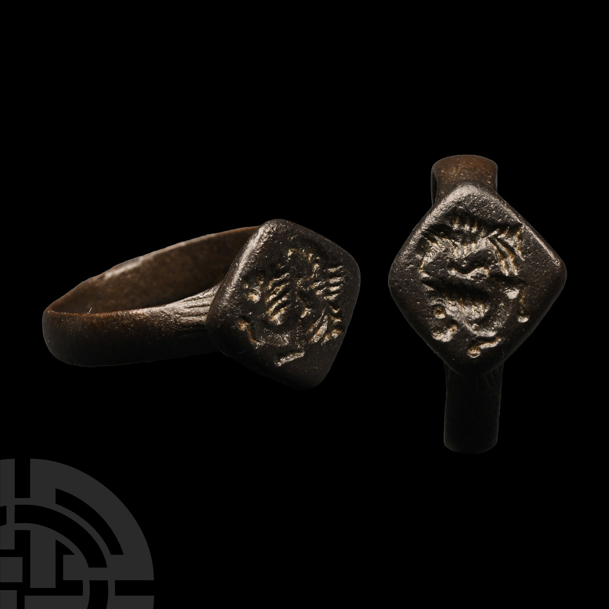 Medieval Bronze Signet Ring with Lion and Prey