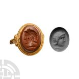 Roman Jasper Gemstone with Head of Pan in Gold Ring Bezel