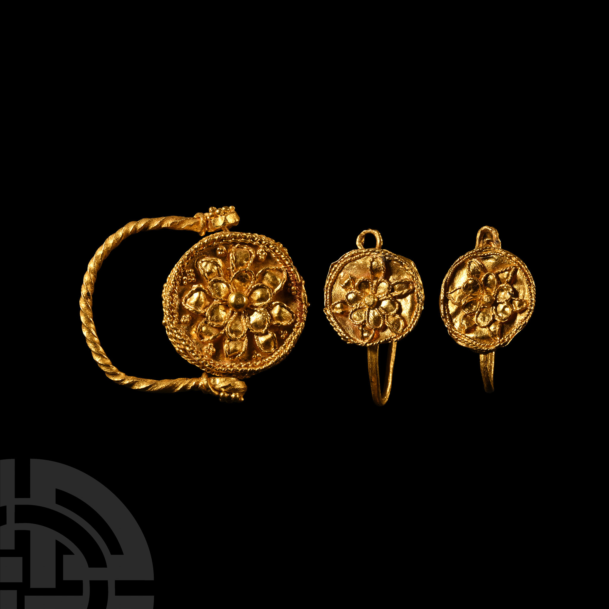 Greek Gold Ring and Earring Set with Rosettes