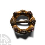 Medieval Gilt Bronze Turretted Ring Brooch with Amethyst Gemstones