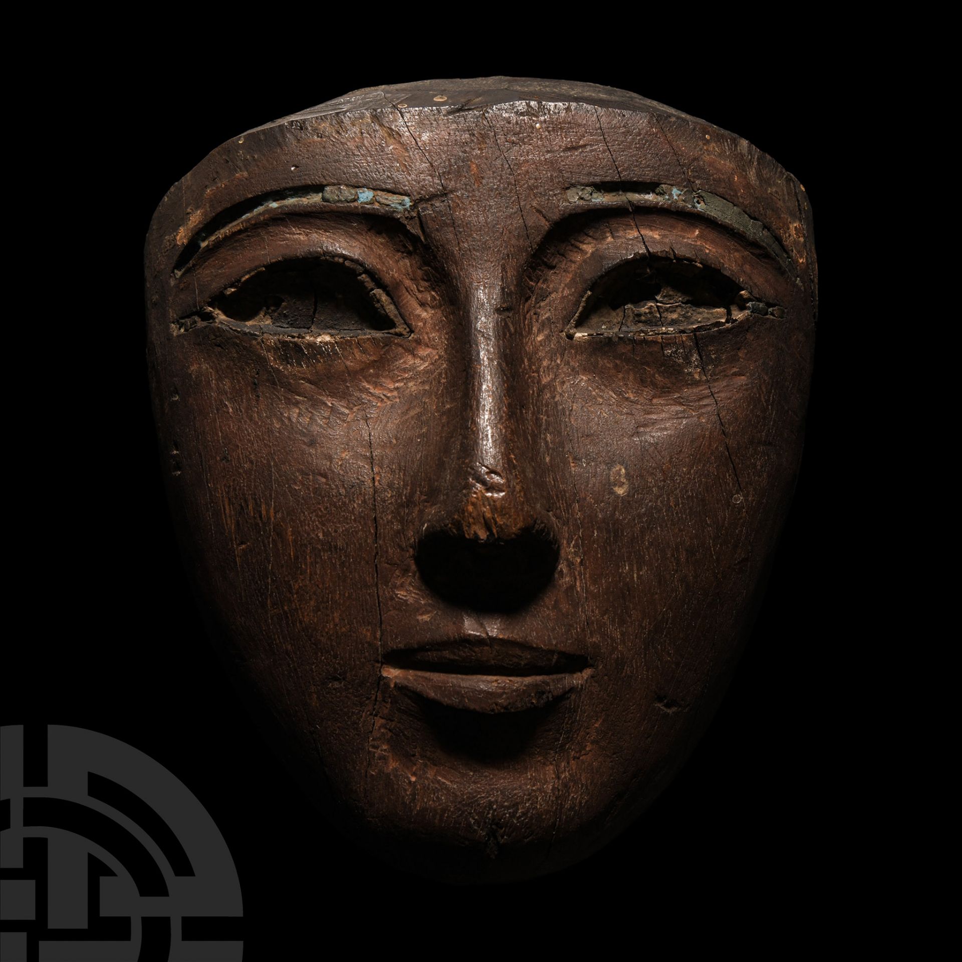 Egyptian Wooden Mummy Mask with Egyptian Blue Inlaid Eyebrows