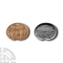 Sassanian Chalcedony Magic Seal with Three Figures and Inscription