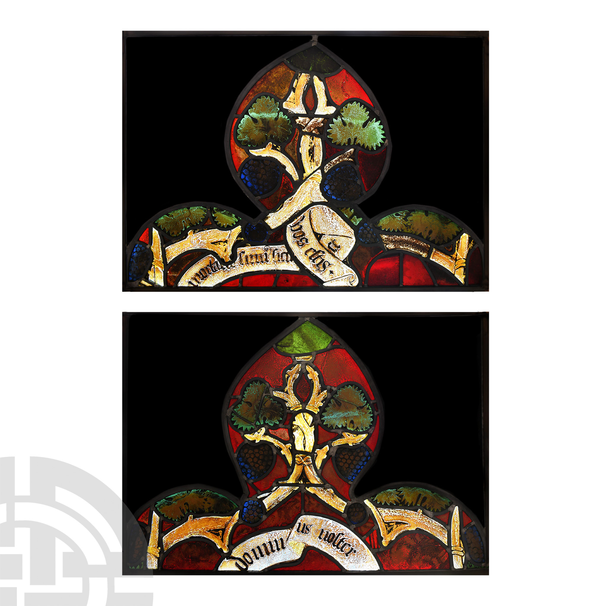 Renaissance Stained Glass Lancet-Arch Finial Pair