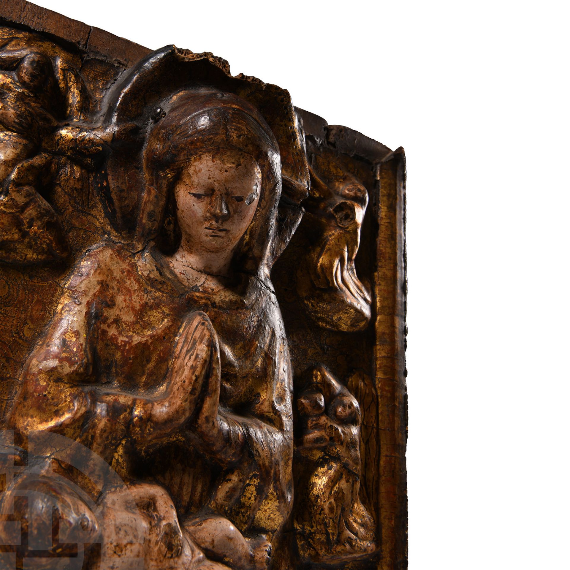 Medieval Gilt Wooden Relief with Enthroned Virgin and Child Surrounded by Angels