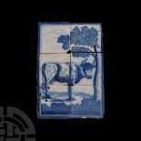 Post Medieval Glazed Ceramic Cow in Landscape Tile Set