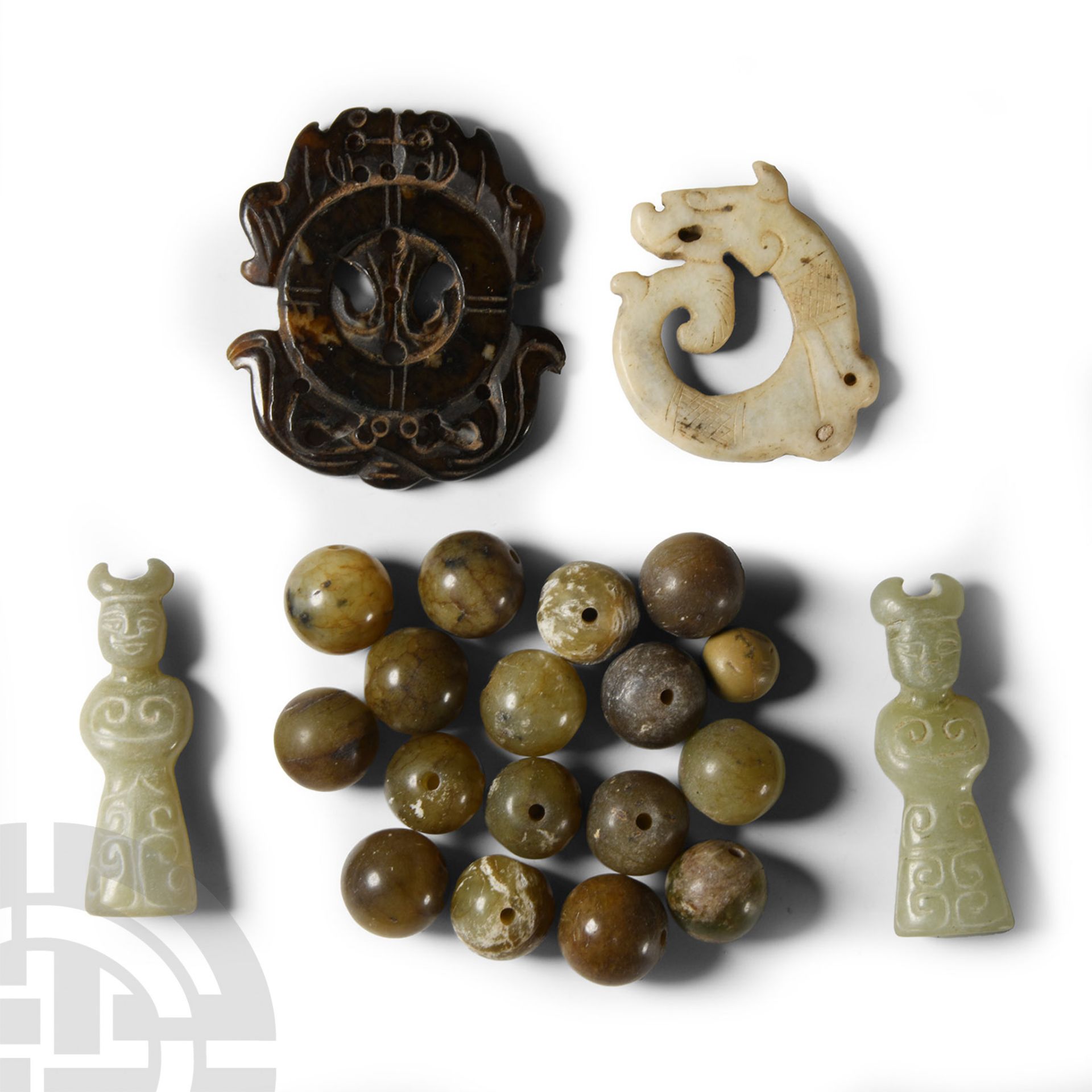 Chinese Green Stone Bead and Pendant Group