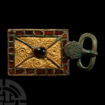 Merovingian Bronze Belt Buckle with Gold and Garnet Inlays