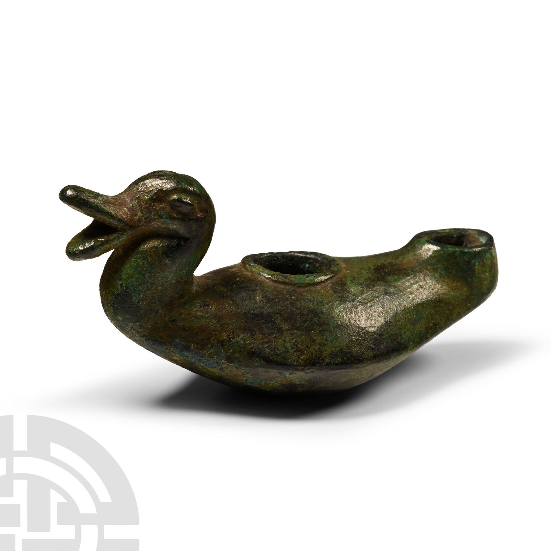 Late Roman Bronze Oil Lamp with Duck Head Handle