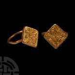 Gold Ring with Diamond-Shaped Bezel Engraved with a Star