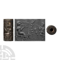 Mesopotamian Stone Cylinder Seal with Banquet Scene