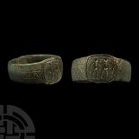 Dark Age Bronze Ring with Two Figures and Cross