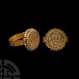 Early Byzantine Gold Ring with Pearls and Later Cloisonne Enamelled Figure