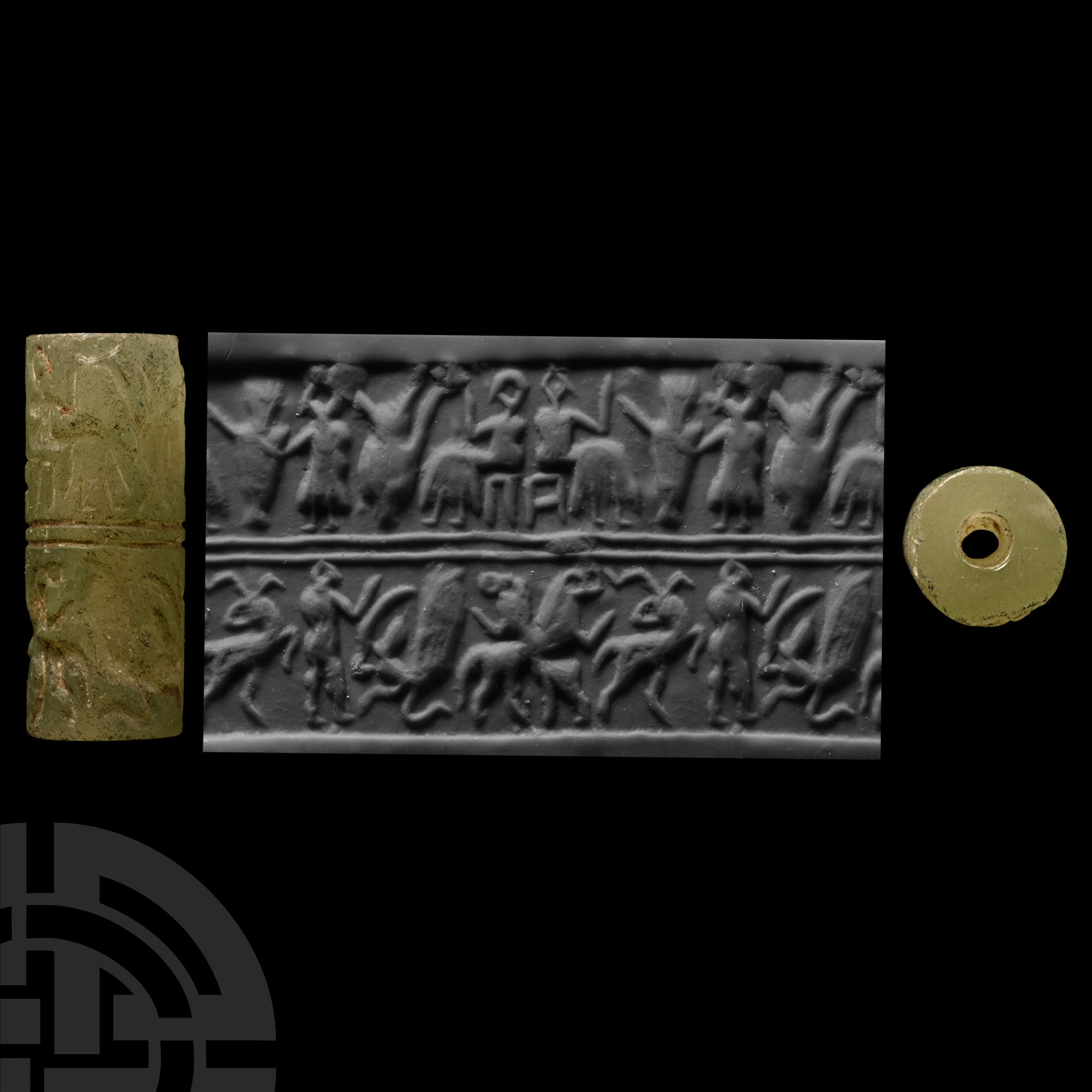 Mesopotamian Cylinder Seal with Drinking and Animal Combat Scenes