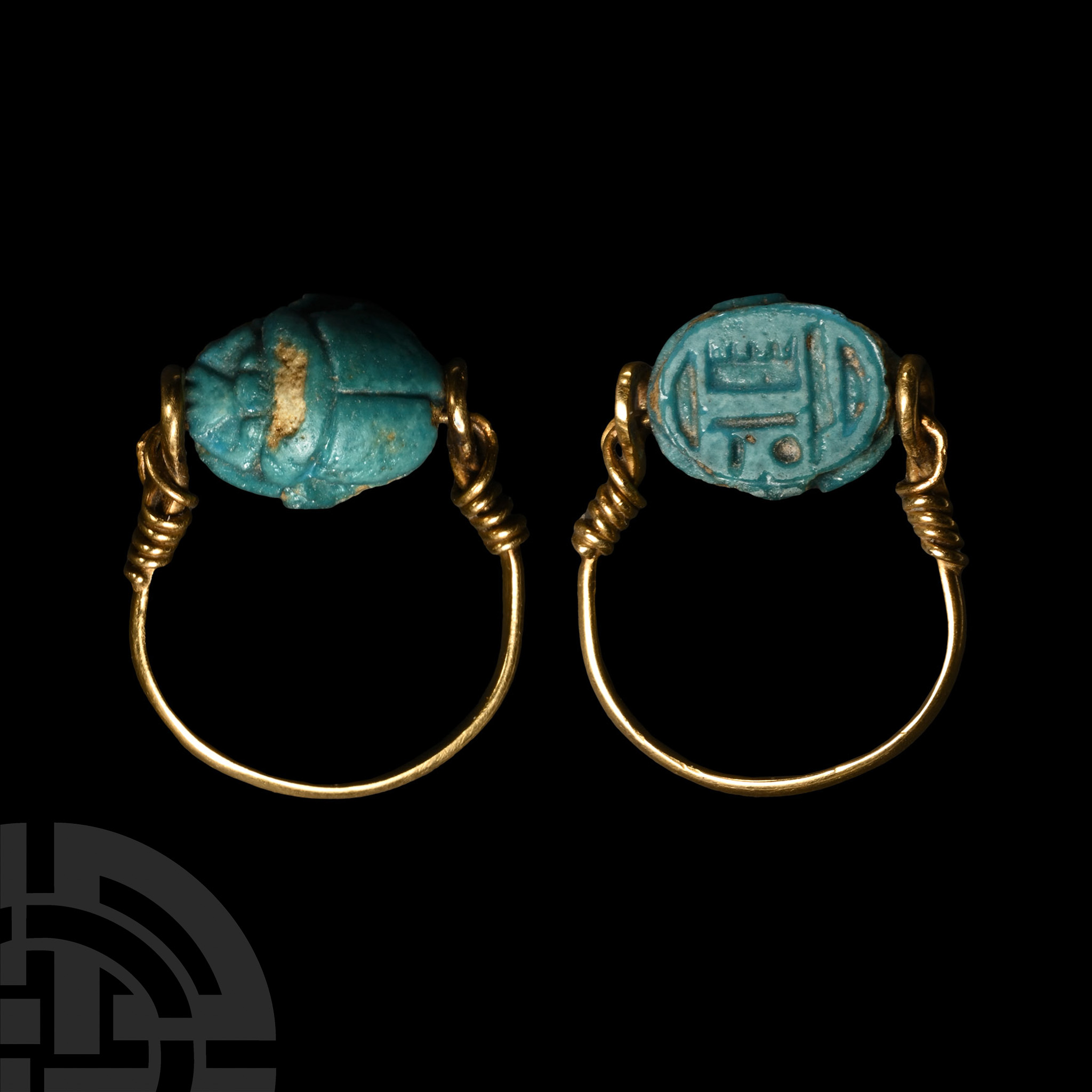 Egyptian Bright Blue Faience Scarab in Gold Ring